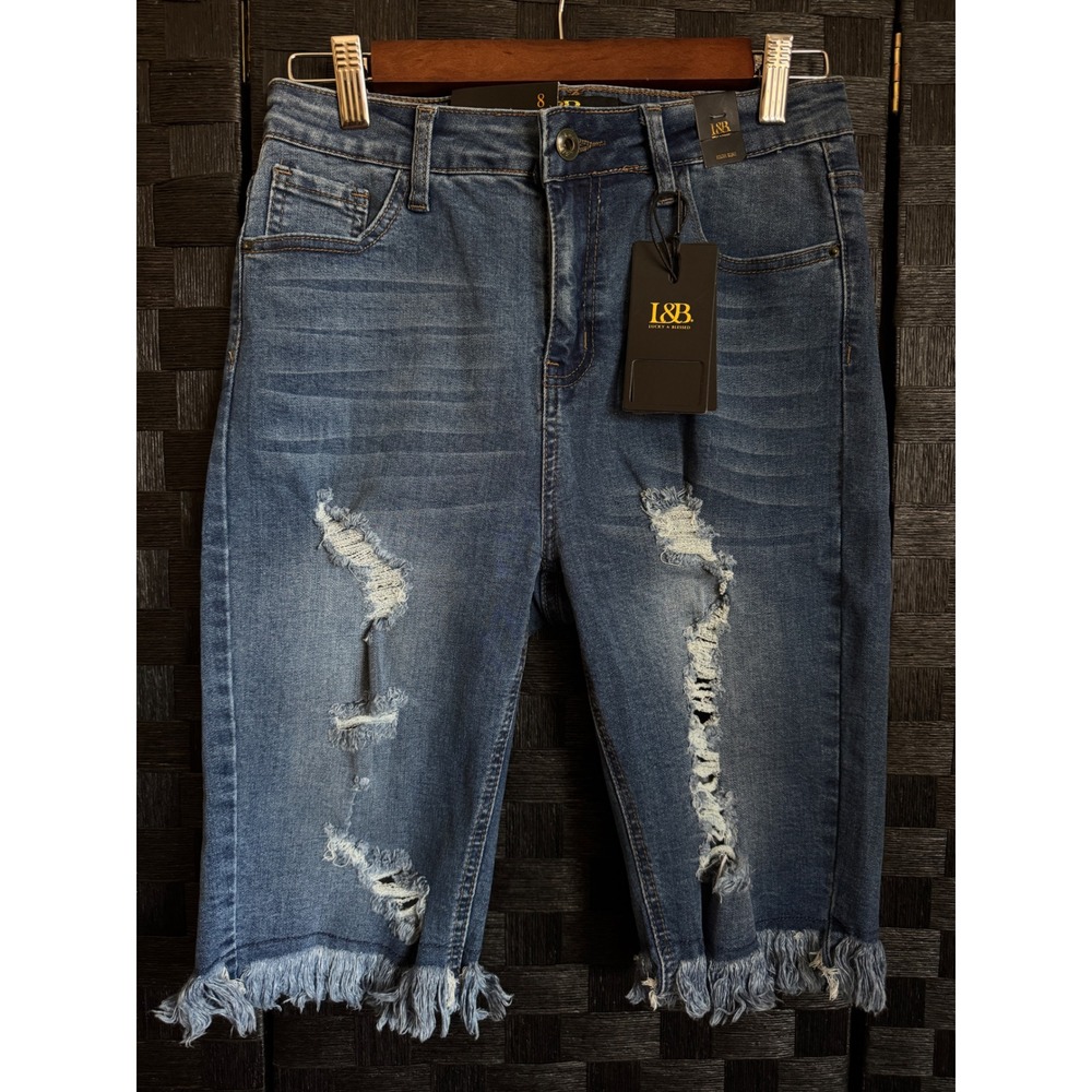 Lucky & Blessed Bermuda Shorts Women 8 Blue NEW Distressed High Rise Frayed Hem